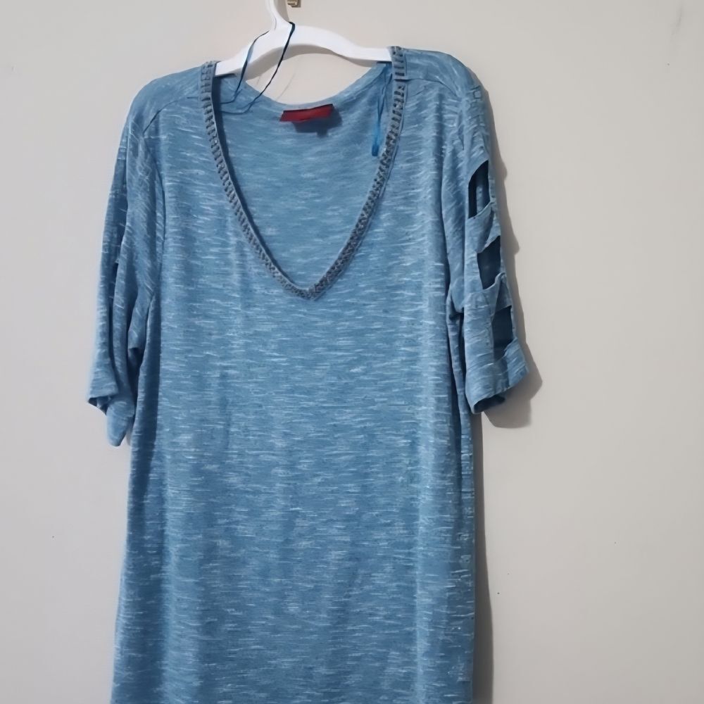 Blue V-Neck Top with Cut-Out Sleeves
